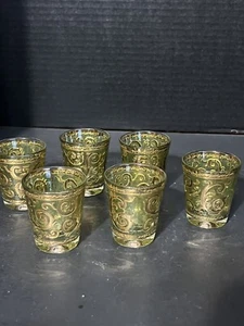 6-Vintage MCM Culver Toledo Shot Glasses Green 22k Gold - Picture 1 of 8