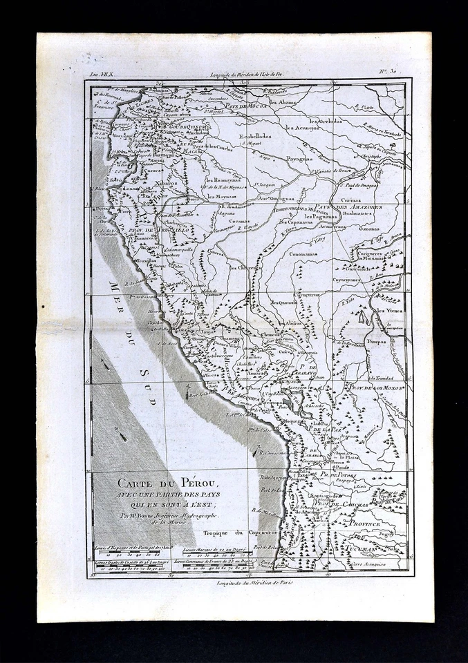 Mapa Bonne 1779 Perú Ecuador Bolivia Quito Lima Cuzco Amazonía Brasil América del Sur Foto 1 de 1