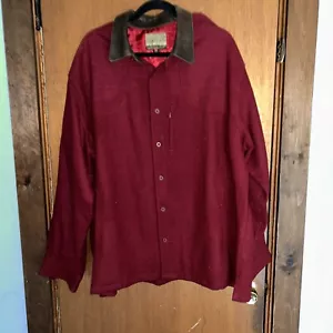 VTG 90s Cabelas Mens 2 X Leather Collar Wool Button Shirt Jacket Shacket Red - Picture 1 of 4