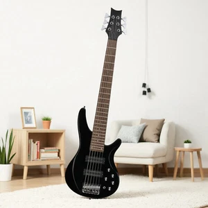 IB 6-String Bass Guitar Set - HH Pickups, Maple Neck, Basswood Body & Black - Picture 1 of 24