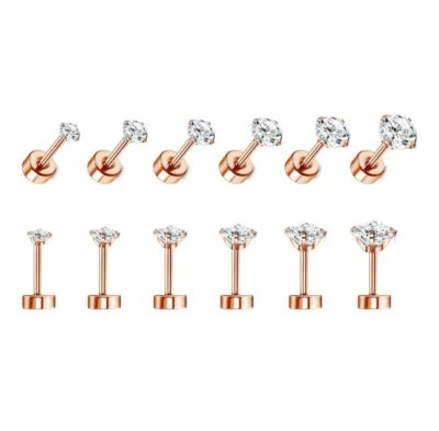 6 pares de aretes hipoalergénicos de plata de acero inoxidable circonita cúbica atornillados PE31 Foto 1 de 4