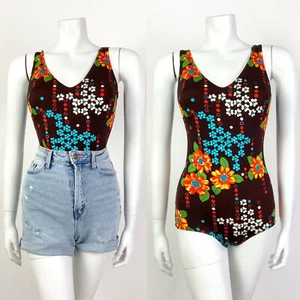 Vintage 60er 70er BRAUN ORANGE BLAU GEBLÜMT LOW-BACK MOD BADEANZUG BODY SUIT 10 12 - Bild 1 von 10