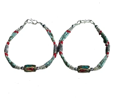 Pulsera nepalí de piedras preciosas hechas a mano de coral turquesa tibetano tamaño 7-8 pulgadas Foto 1 de 4