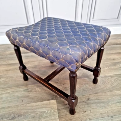 Retro Vintage Mid Century Upholstered Stool Seat Solid Wood- Geometric Art Deco - Image 1 of 4