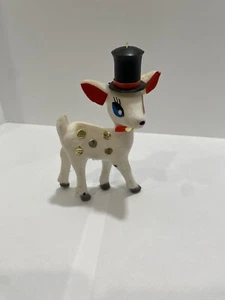 MCM Vintage Christmas Reindeer Ornament Flocked Blue Eyed Top Hat Retro - Picture 1 of 8