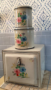 Vintage Metal Pie Safe/Bread Box 2 Canisters HP Floral