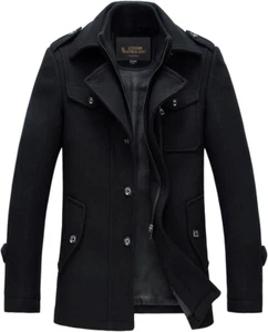 Men'S Stand Collar Wool-Blend Classic Pea Coat with Removable Inner Collar - Picture 1 of 12