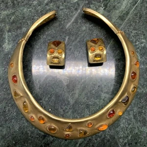 Les Bernard Matte Gold Necklace And Clip Earring Set Cabochon Egyptian Revival - Picture 1 of 11