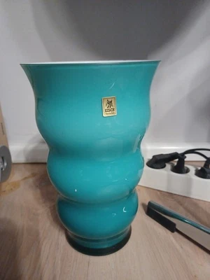 Eisch Blumenvase Opalglas weiß Türkis übergangen 24 cm hoch  - Bild 1 von 2