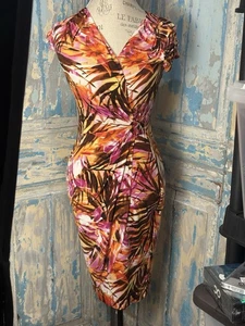 Cache Tropical V-Neck Dress Flattering Dress, Fuchsia, Orange XS - Picture 1 of 6