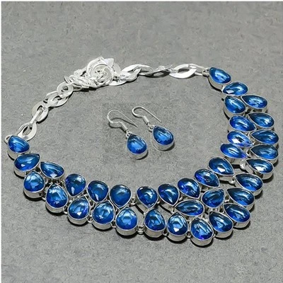 Faceted Tanzanite Quartz Pear Shape Handmade Gemstone Jewelry Necklace+Earrings - Image 1 of 4