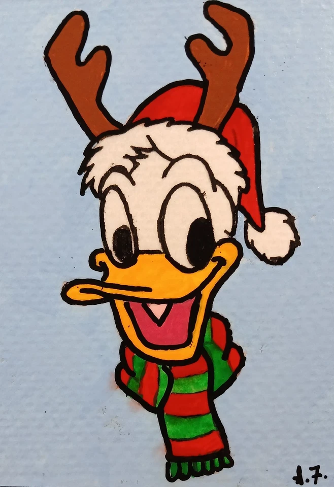 Donald Duck Natal ATC CARTÃO ACEO ORIGINAL PINTADO À MÃO Assinado OOAK - Imagem 1 de 1