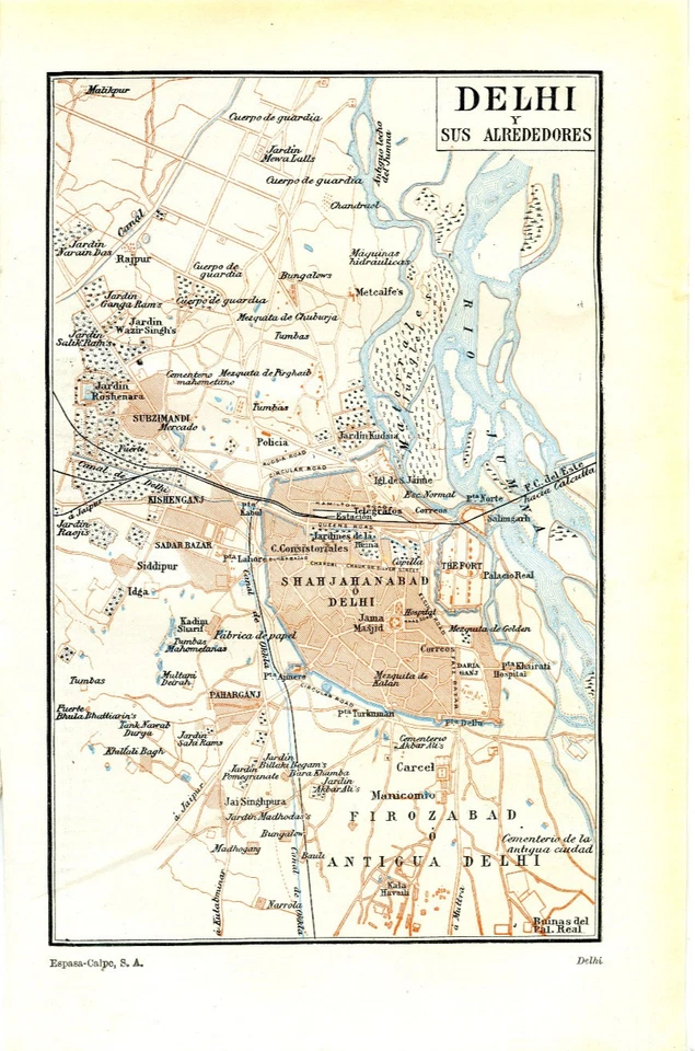 Antiguo mapa de la década de 1920 Delhi India río Yamuna ciudad calles vista retro decoración de pared Foto 1 de 1