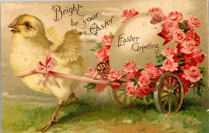  Postcard ~ Bright Be Your Easter ~ Chick Pulling Cart of Roses anthropomorphic - Picture 1 of 3