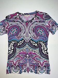 ETRO MILANO PURPLE MULTI PAISLEY COTTON S/S TOP T SHIRT SZ 38 / 2 MADE IN ITALY