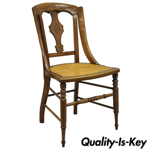 19th Century Antique Eastlake Victorian Carved Walnut Cane Dining Side Chair (A) Cover