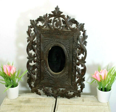 Antique Black forest wood carved apothecary wall cabinet with mirror rare  - Image 1 of 4