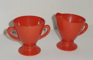 Vintage HAZEL ATLAS Moderntone Ovide SUGAR & CREAMER Coral Orange w Milk White - Picture 1 of 7
