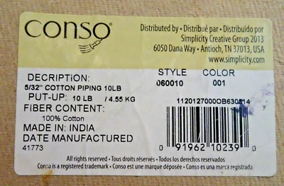 Conso #060010 Cable de Tubería de Algodón 5/32" Nuevo Vendido por Yarda Carga Plana Envío $6 Foto 1 de 3