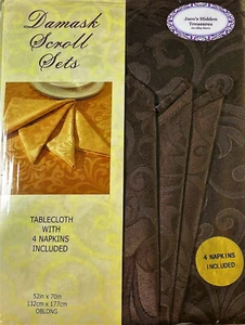 Damask Scroll Tablecloth & 4 Napkins Set Polyester Chocolate Brown 52 x 70 Obl - Picture 1 of 2