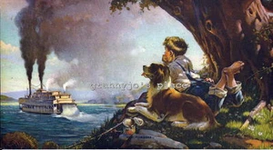 Litografía de arte calendario de 1930, titulada New Horizons, barco de vapor niño perro # 352 - Imagen 1 de 1