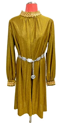 VTG 70's Gold metallic lame sequin lace dress Groovy Disco party M/L - Image 1 of 4