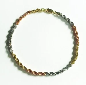 11.10 gm 14k Solid Gold Tri Color Diamond Cut Men's Women's Rope Bracelet 9" 4mm - Picture 1 of 4