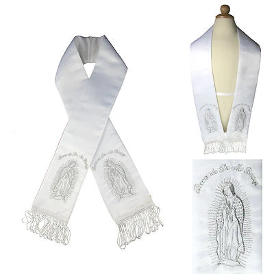 Faja Estola Satinada Blanca Bautizo Bautizo Bordada Virgen Mar Gyold Plata Foto 1 de 4