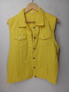 Women's XL Sleeveless Bright Yellow Denim Vest Distressed Raw Edge at Sleeves - Imagen 1 de 10