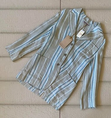 Chaqueta Romeo Gigli Lino Abotonada Manga Larga Rayas Gris Azul Talla 42 Nueva con Etiquetas Foto 1 de 3