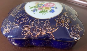 SEVRES STYLE FRENCH? PORCELAIN JEWELRY TRINKET BOX Floral COBALT GOLD VTG Lid - Picture 1 of 12