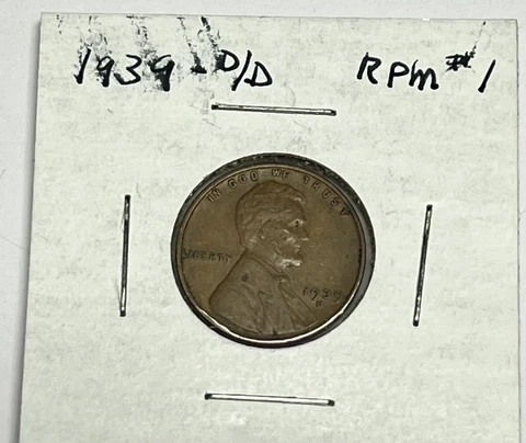 XF 1939 D/D RPM #1 Lincoln Wheat Cent, Re-punched Mint Mark, Extra Fine Error Cover