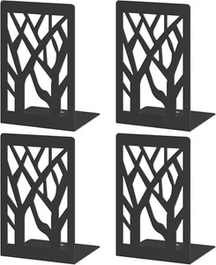 Bookends 4 Pieces, Modern Metal Bookends for Shelves, Black Tree Book Ends for B - Picture 1 of 7