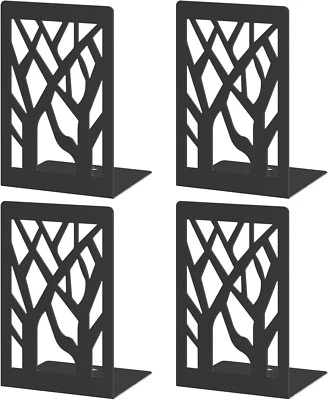 Bookends 4 Pieces, Modern Metal Bookends for Shelves, Black Tree Book Ends for B
