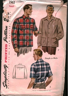1961 Vintage Simplicity SEWING Pattern Mens 1960s Buttoned Front Jacket Small - Image 1 of 2