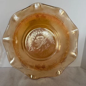 Vtg Carnival Glass Iridescent Serving Bowl Floral Ruffled Fluted Marigold Rare - Picture 1 of 20