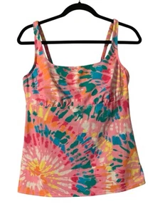Lands' End Tankini Swim Top Size 12 Tie Dye Print Pink Green Built-in Bra Empire - Picture 1 of 13