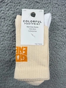 Colorful Footprint Socks Womens 4-10 Mid-Crew 2 Pairs Cotton Blend Multi Ribbed - Picture 1 of 5