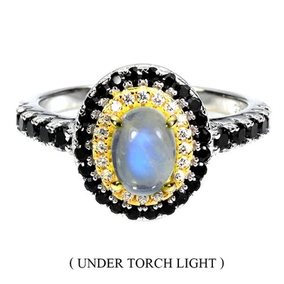 Anello In Argento Sterling 925 Con Oval Moonstone 7x5mm Spinel Gioiello Taglia 9 - Immagine 1 di 4