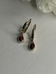 925 STERLING SILVER HESSONITE EARRINGS LENGTH 1 INCH - Picture 1 of 10