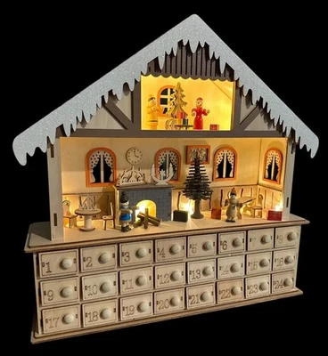 Creative Co-Op Wood Christmas Chalet LED Lighted 24 Drawer Advent Calendar 16x15 - Image 1 of 4