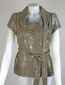 Classiques Entier Cap Sleeve Floral Taupe Linen Belted Blazer Shirt Medium NWT - Picture 1 of 3