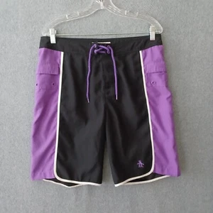 Penguin Swim Trunks Mens 32 Purple Black Logo Casual Swim Trunk Beach Shorts - Picture 1 of 12