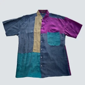 Vintage 80s Structure 1980s 1990s Color Block Silk Shirt Medium 90s Fashion - Picture 1 of 4