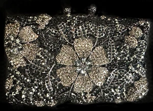 New Dark Silver With Black and Dark Grey Floral Evening Clutch Bag- Fits Iphone - Picture 1 of 3