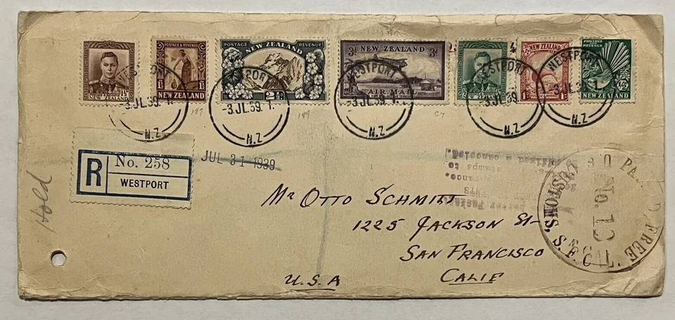 RARO 1939 REGISTRADO NUEVA ZELANDA CUBIERTA ADUANAS SFC PASADO MATASELLOS A CALIFORNIA Foto 1 de 4