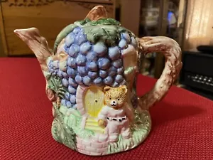 Whimsical Ceramic Cottage Teapot w/ Teddy Bear and Purple Grapes 8.5”x6.5” - Picture 1 of 10
