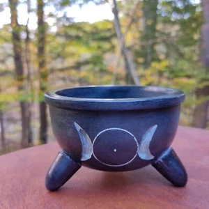 Triple Moon Smudge Incense Burner or Altar Offering Bowl Handmade Soapstone 4" - Picture 1 of 9