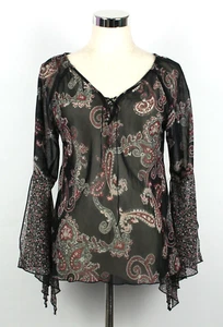 POSTIE FASHIONS Womens Top Sz 10 Black Paisley Print Sheer Boho Peasant Blouse - Picture 1 of 8
