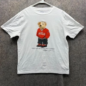 Polo Ralph Lauren Shirt Youth Large Polo Bear White Cotton USA Flag Red Rare Tee - Picture 1 of 12